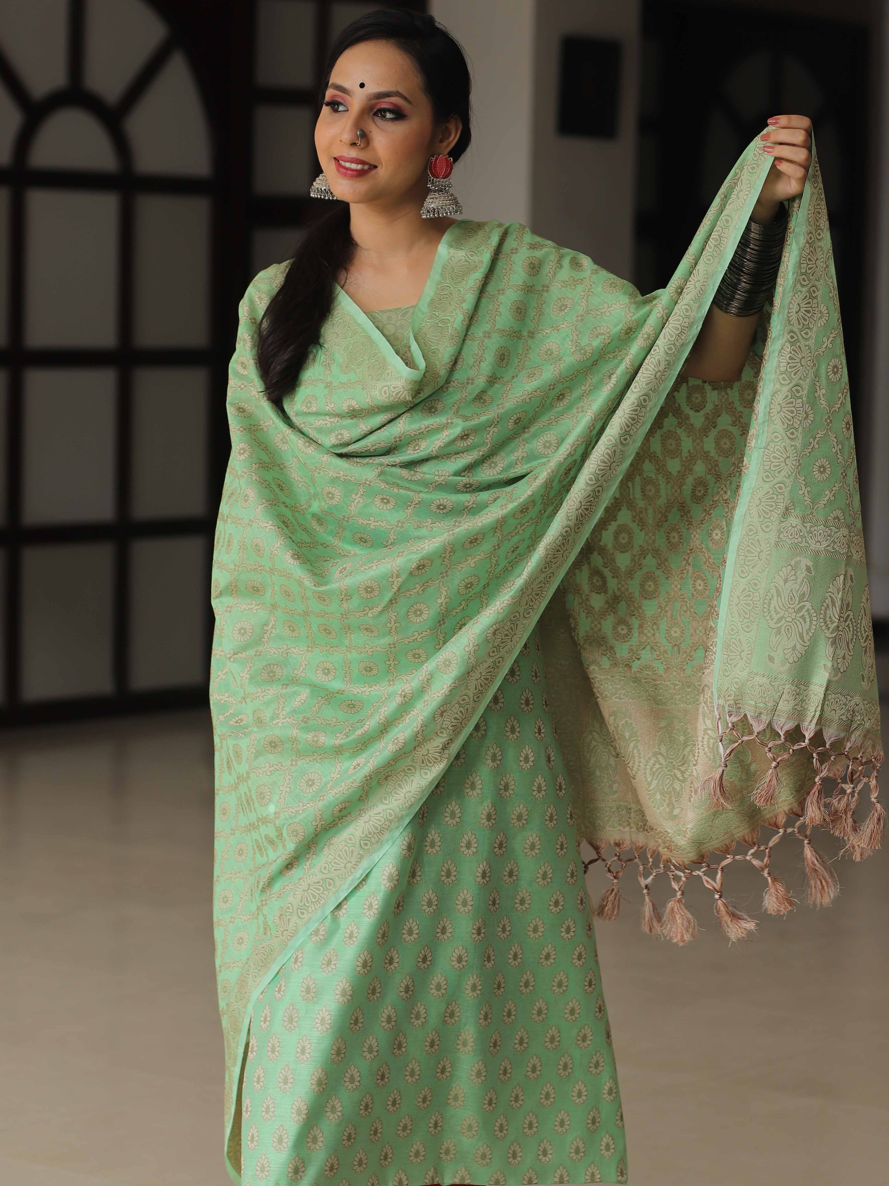 Banarasee Salwar Kameez Cotton Silk Resham Buti Woven Fabric-Green