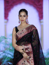 Banarasee Handloom Tissue Saree With Buti Design Contrast Border & Lace-Black