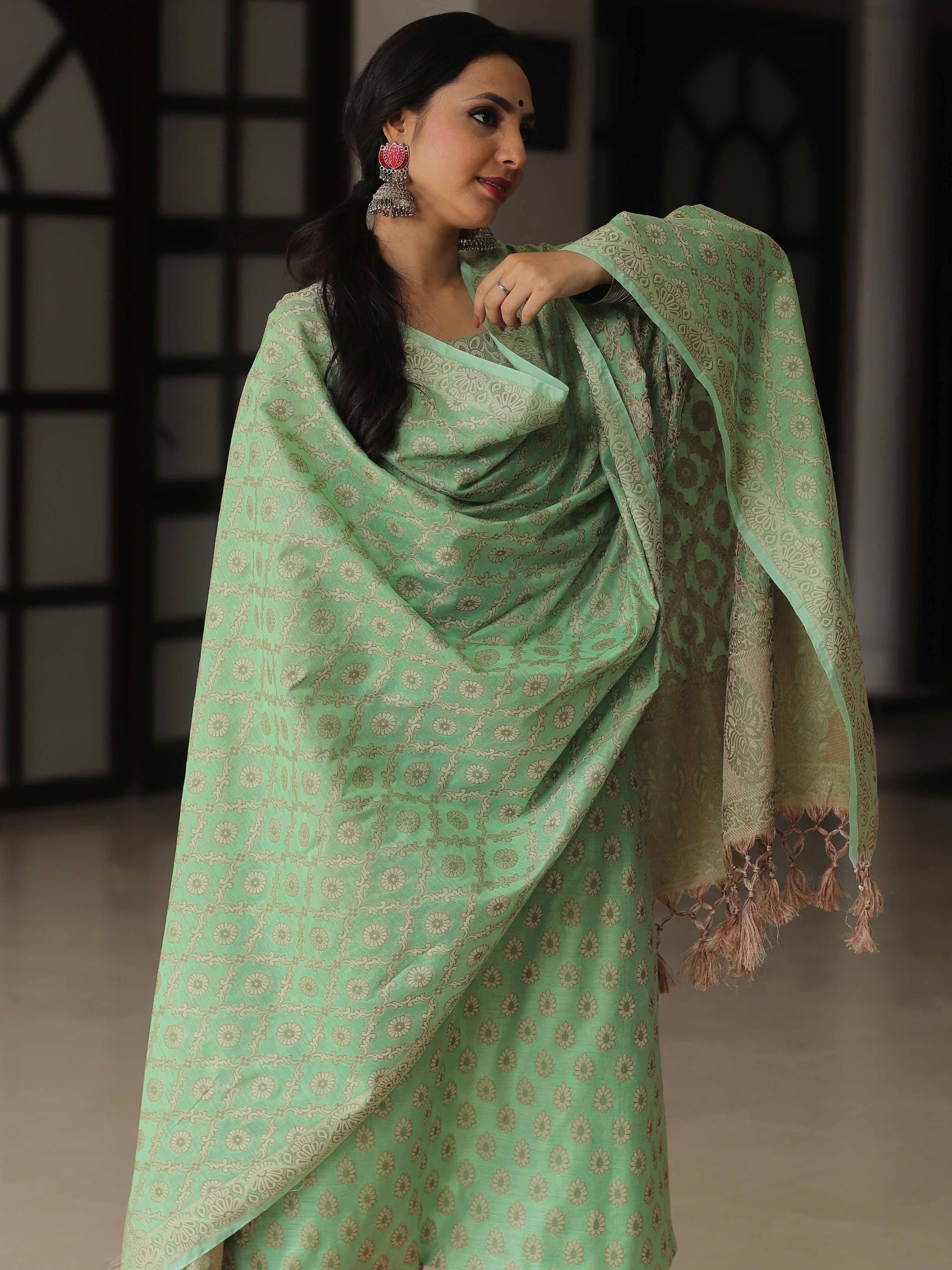 Banarasee Salwar Kameez Cotton Silk Resham Buti Woven Fabric-Green