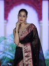 Banarasee Handloom Tissue Saree With Buti Design Contrast Border & Lace-Black