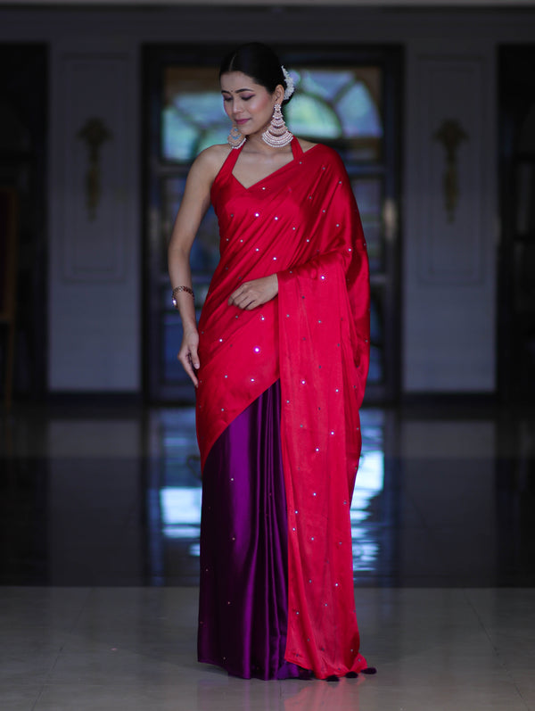 Banarasee Handloom Satin Hand Dyed Saree With Mirror Work-Red & Violet
