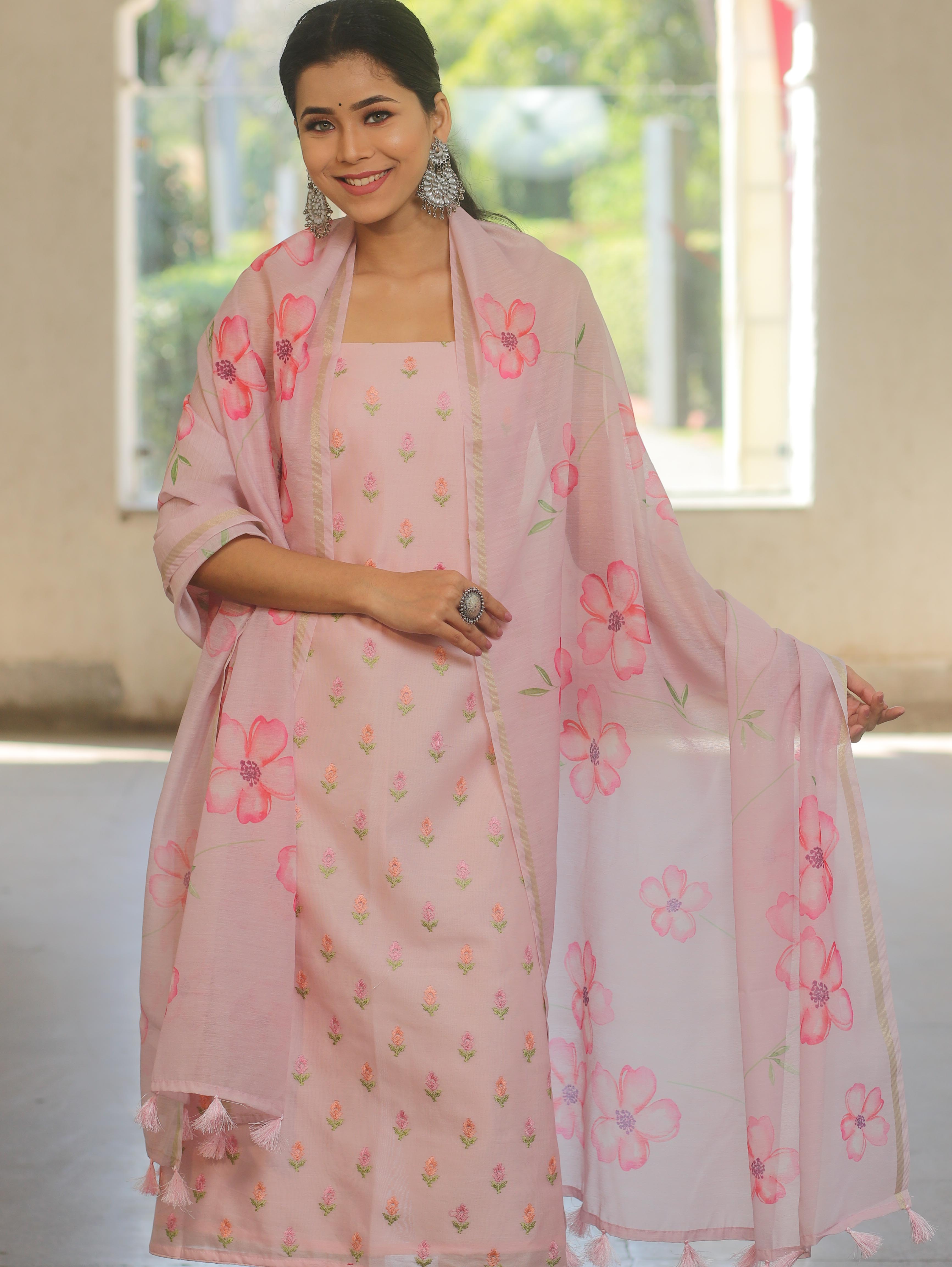 Banarasee Chanderi Silk Embroidery Buti Salwar Kameez Fabric With Digital Print Dupatta Set-Pink