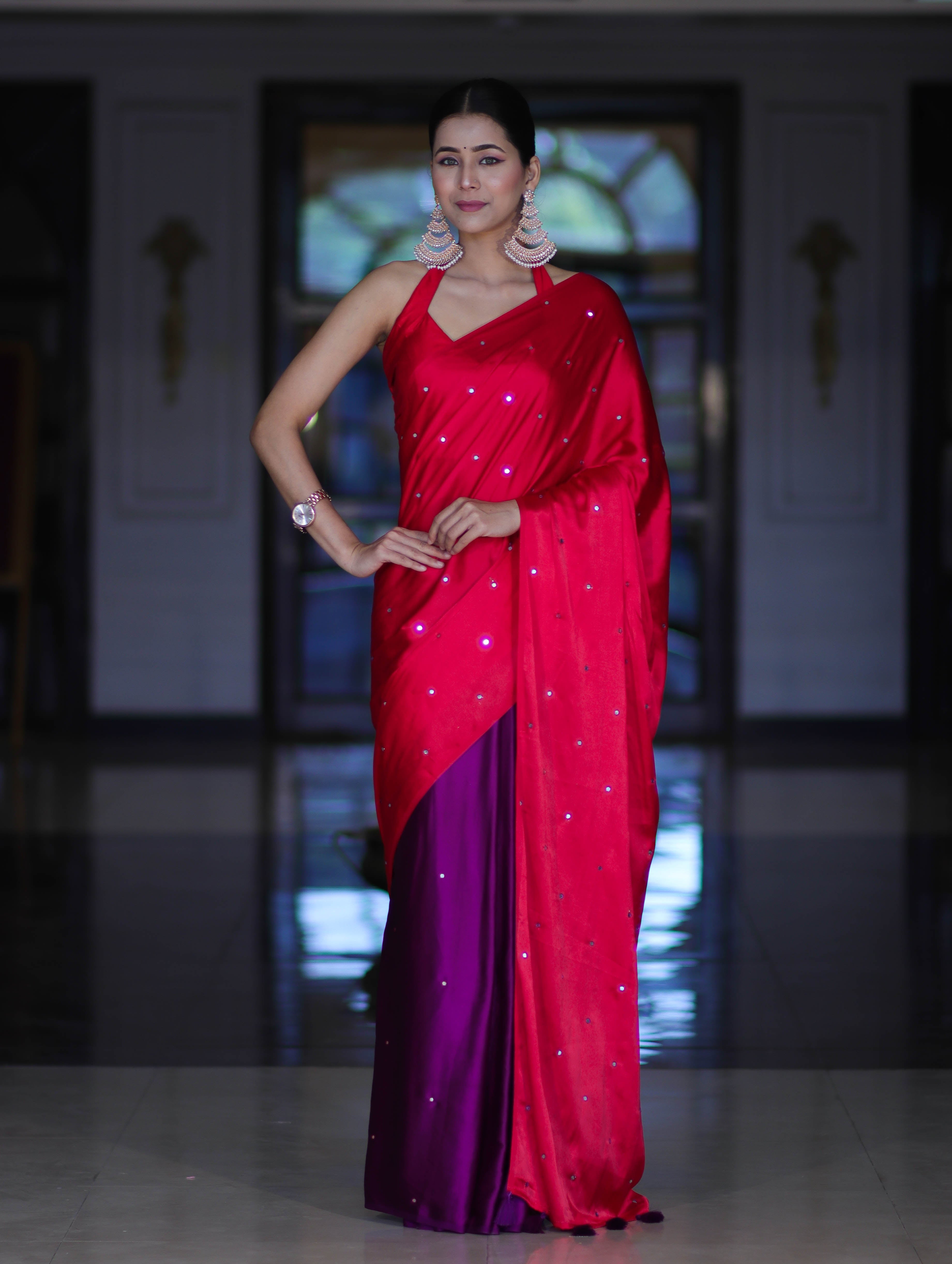 Banarasee Handloom Satin Hand Dyed Saree With Mirror Work-Red & Violet