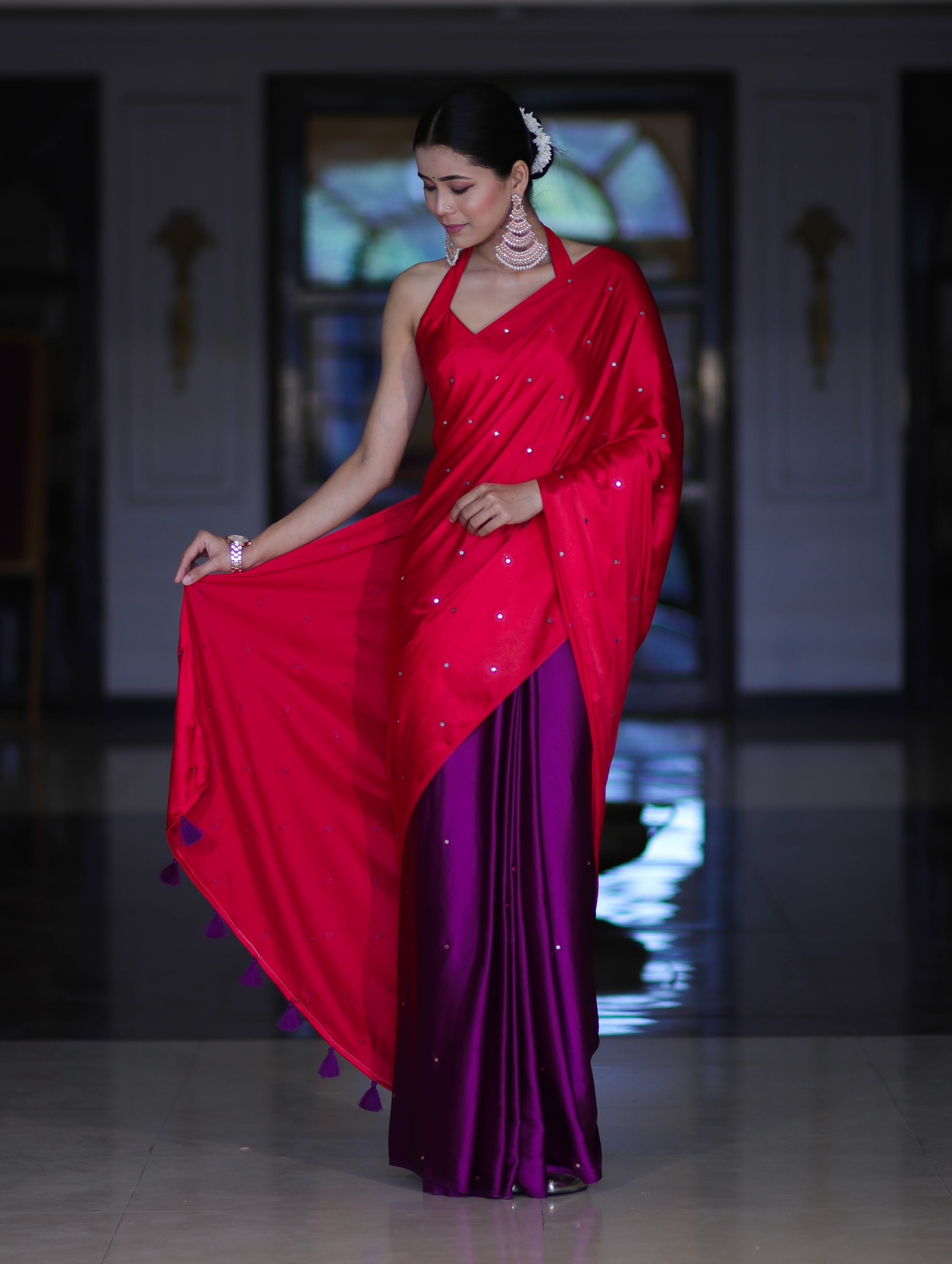 Banarasee Handloom Satin Hand Dyed Saree With Mirror Work-Red & Violet