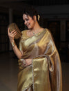 Banarasee Handloom Tissue Saree With Silver Jaal Design Tanchoi Border & Lace-Golden Yellow
