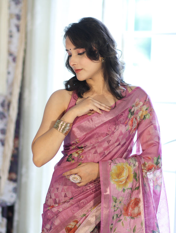 Banarasee Handloom Cotton Silk Saree With Digital Floral Prints & Border-Onion Pink