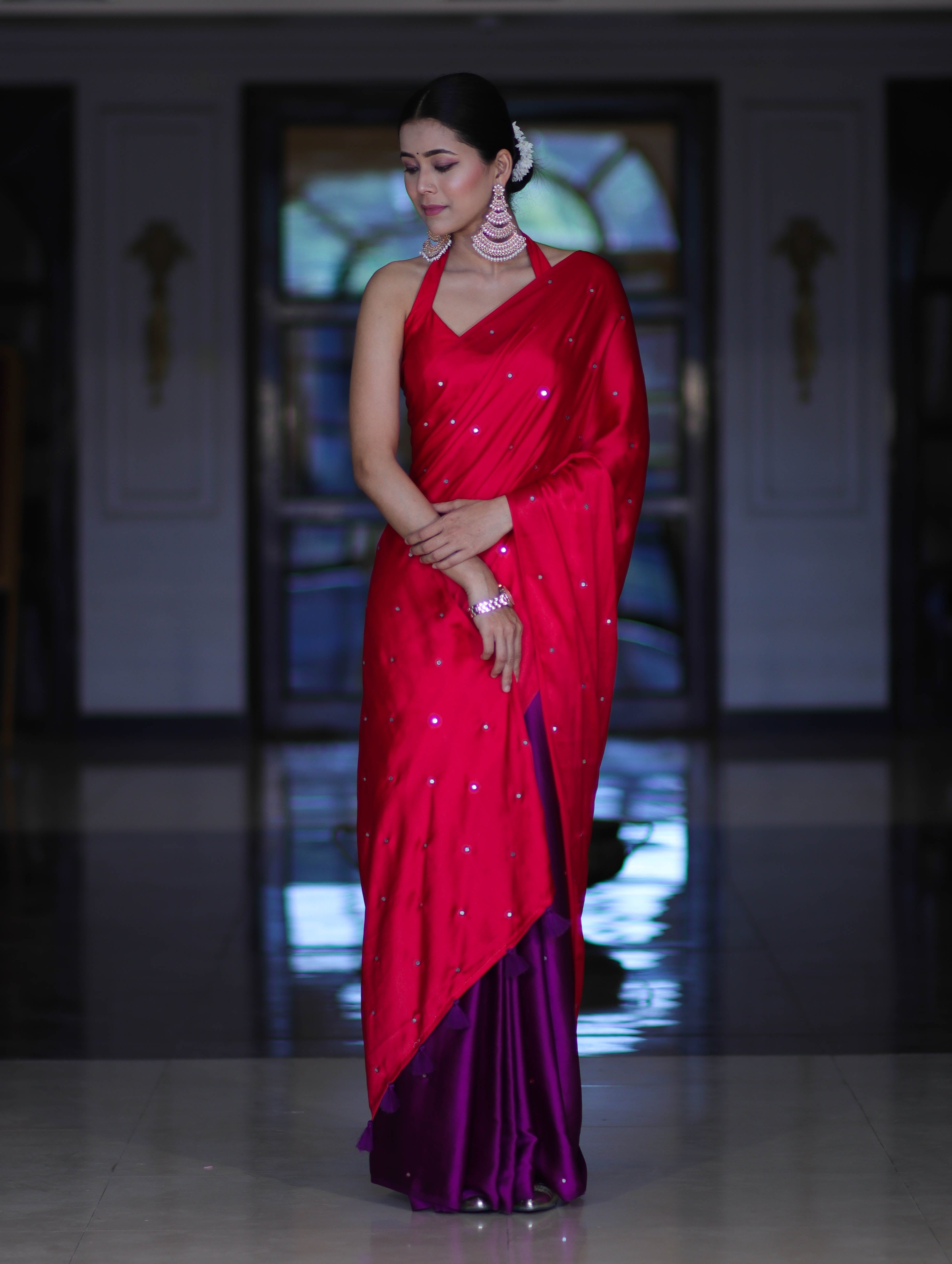 Banarasee Handloom Satin Hand Dyed Saree With Mirror Work-Red & Violet