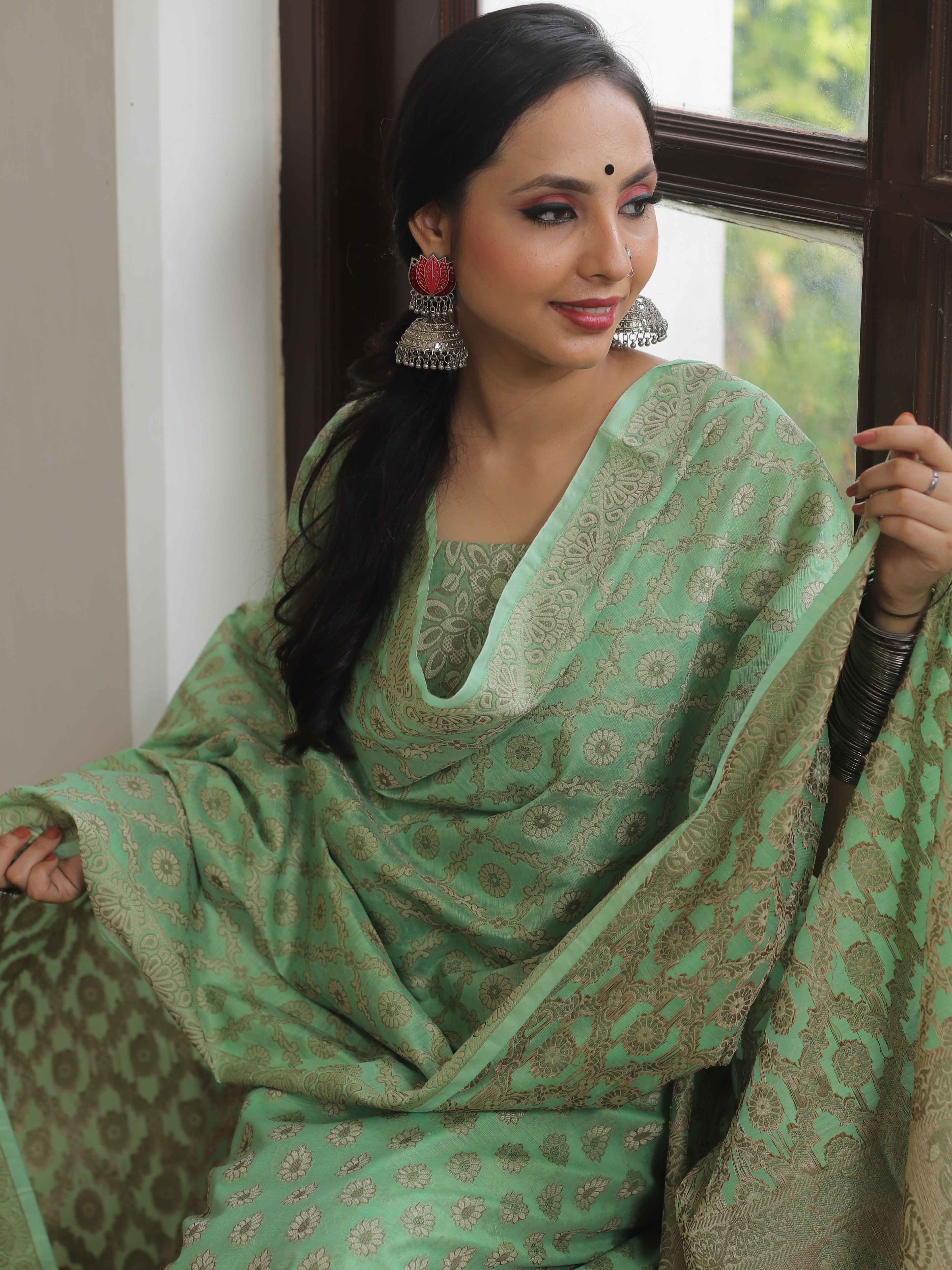 Banarasee Salwar Kameez Cotton Silk Resham Buti Woven Fabric-Green