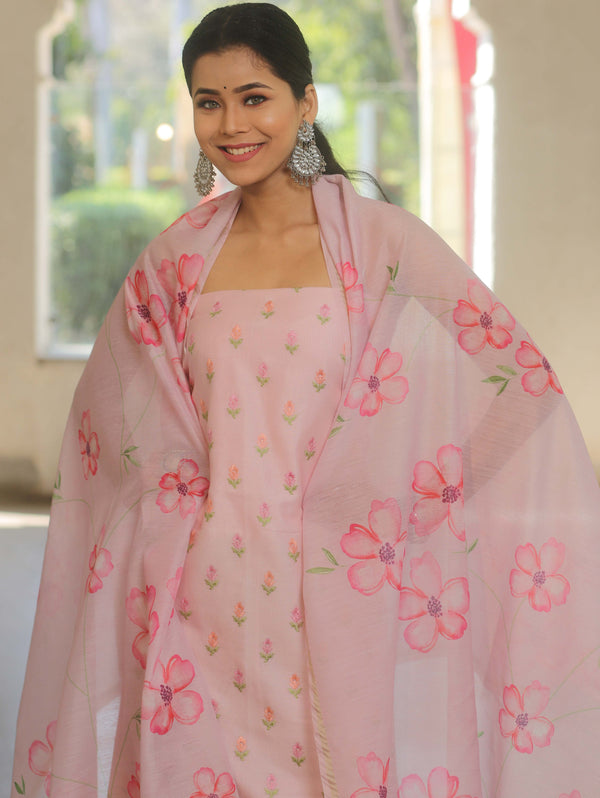 Banarasee Chanderi Silk Embroidery Buti Salwar Kameez Fabric With Digital Print Dupatta Set-Pink