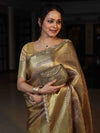 Banarasee Handloom Tissue Saree With Silver Jaal Design Tanchoi Border & Lace-Golden Yellow