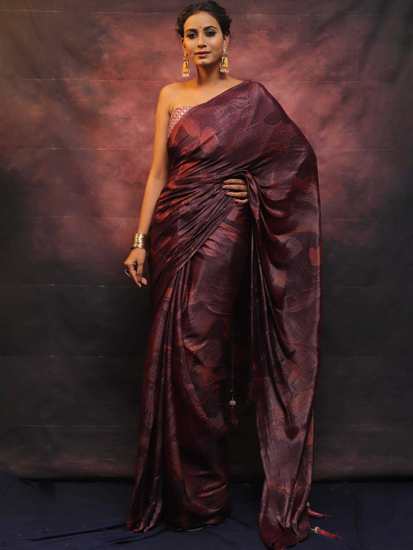 Banarasee Abstract Print Tissue Saree With Contrast Embroidered Blouse-Wine