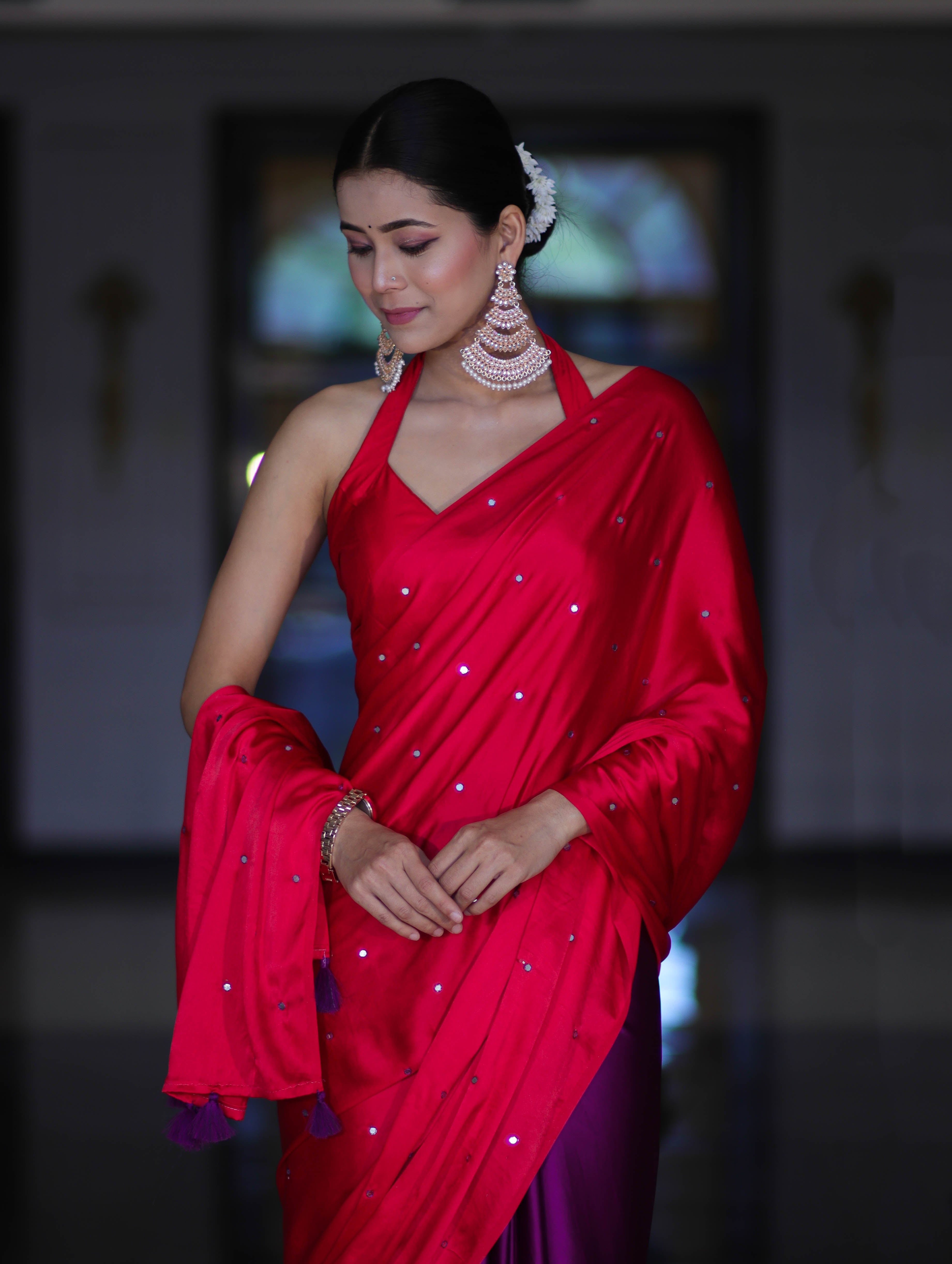 Banarasee Handloom Satin Hand Dyed Saree With Mirror Work-Red & Violet