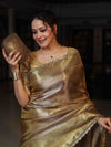 Banarasee Handloom Tissue Saree With Silver Jaal Design Tanchoi Border & Lace-Golden Yellow
