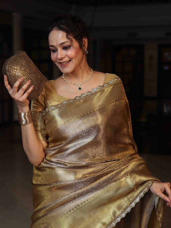 Banarasee Handloom Tissue Saree With Silver Jaal Design Tanchoi Border & Lace-Golden Yellow
