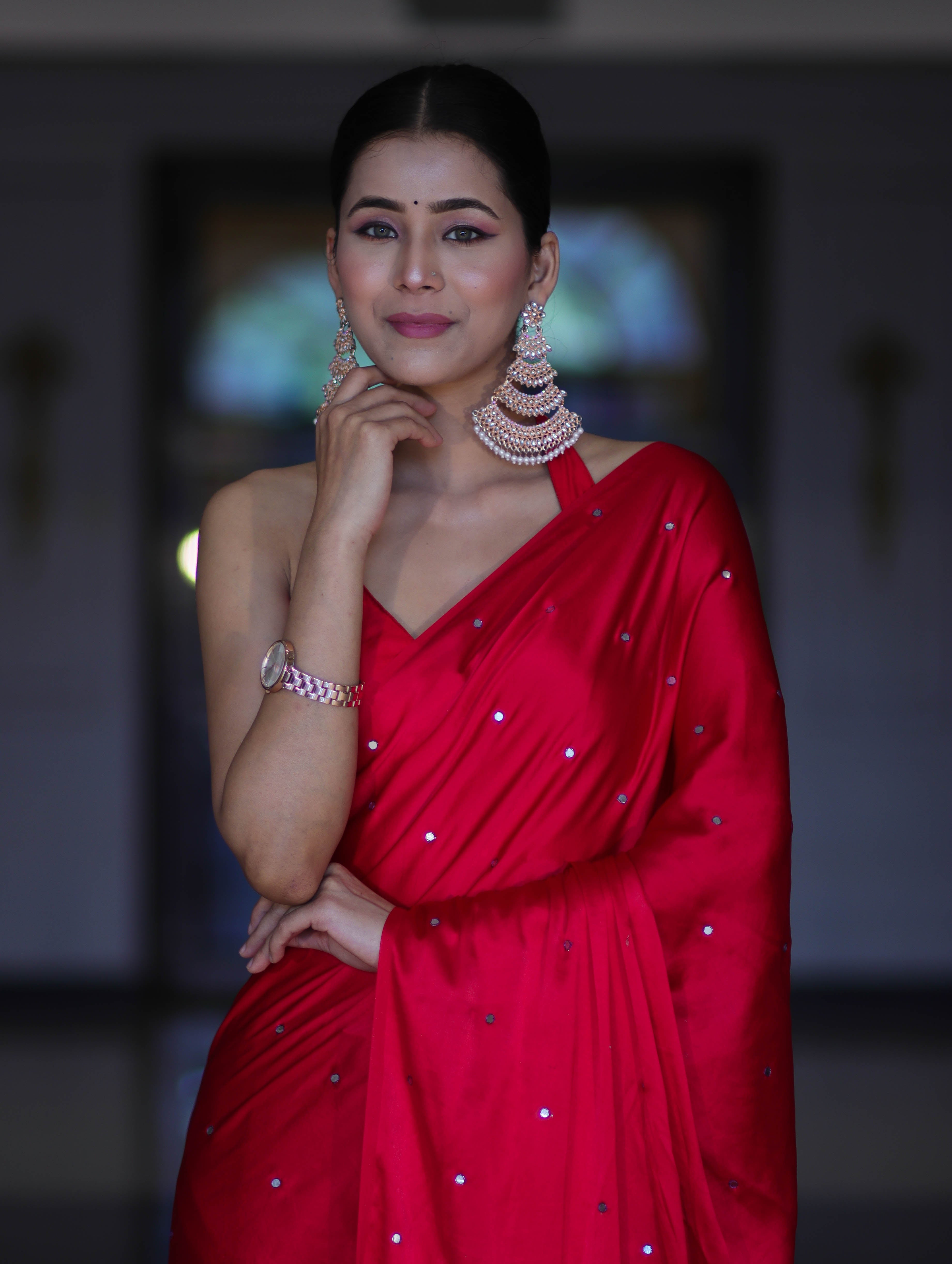 Banarasee Handloom Satin Hand Dyed Saree With Mirror Work-Red & Violet