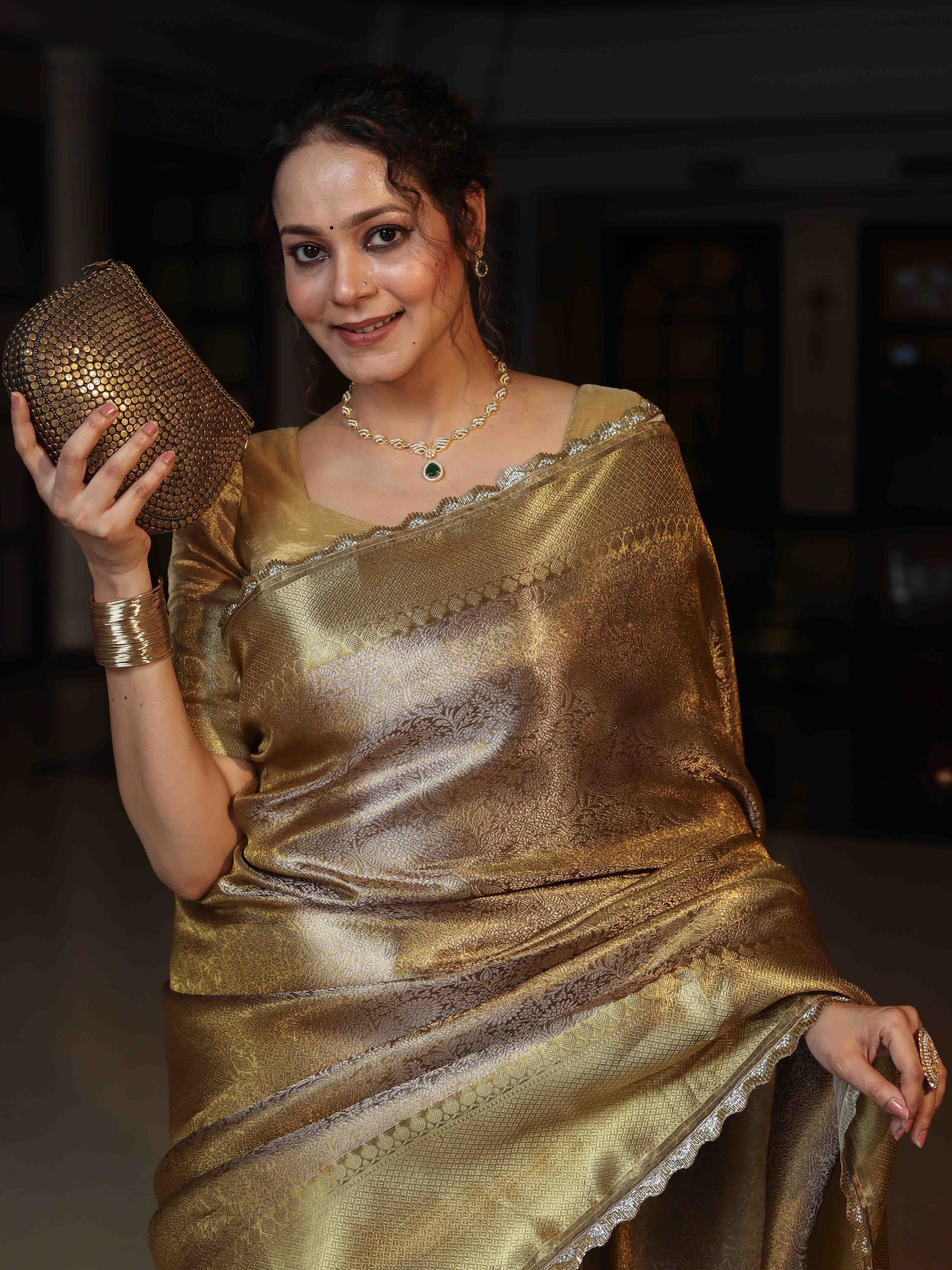 Banarasee Handloom Tissue Saree With Silver Jaal Design Tanchoi Border & Lace-Golden Yellow