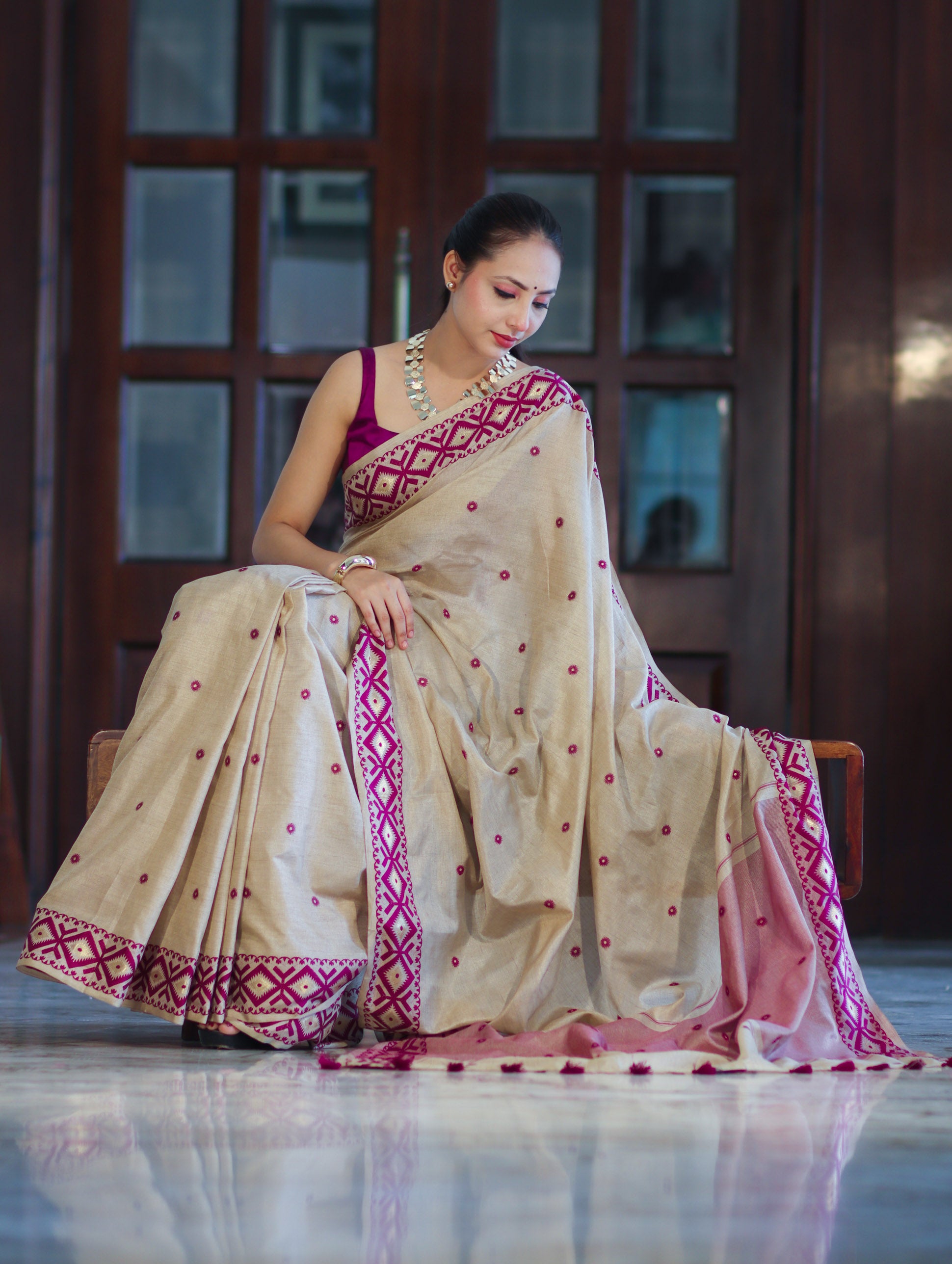 Banarasee Handwoven Semi-Tussar Saree With Resham Work & Geometric Border-Beige & Magenta