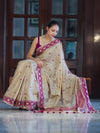 Banarasee Handwoven Semi-Tussar Saree With Resham Work & Geometric Border-Beige & Magenta