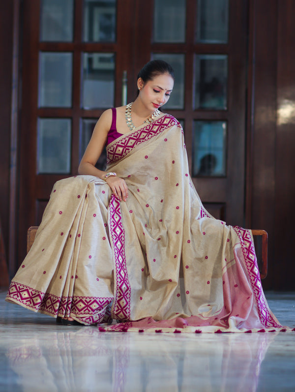 Banarasee Handwoven Semi-Tussar Saree With Resham Work & Geometric Border-Beige & Magenta