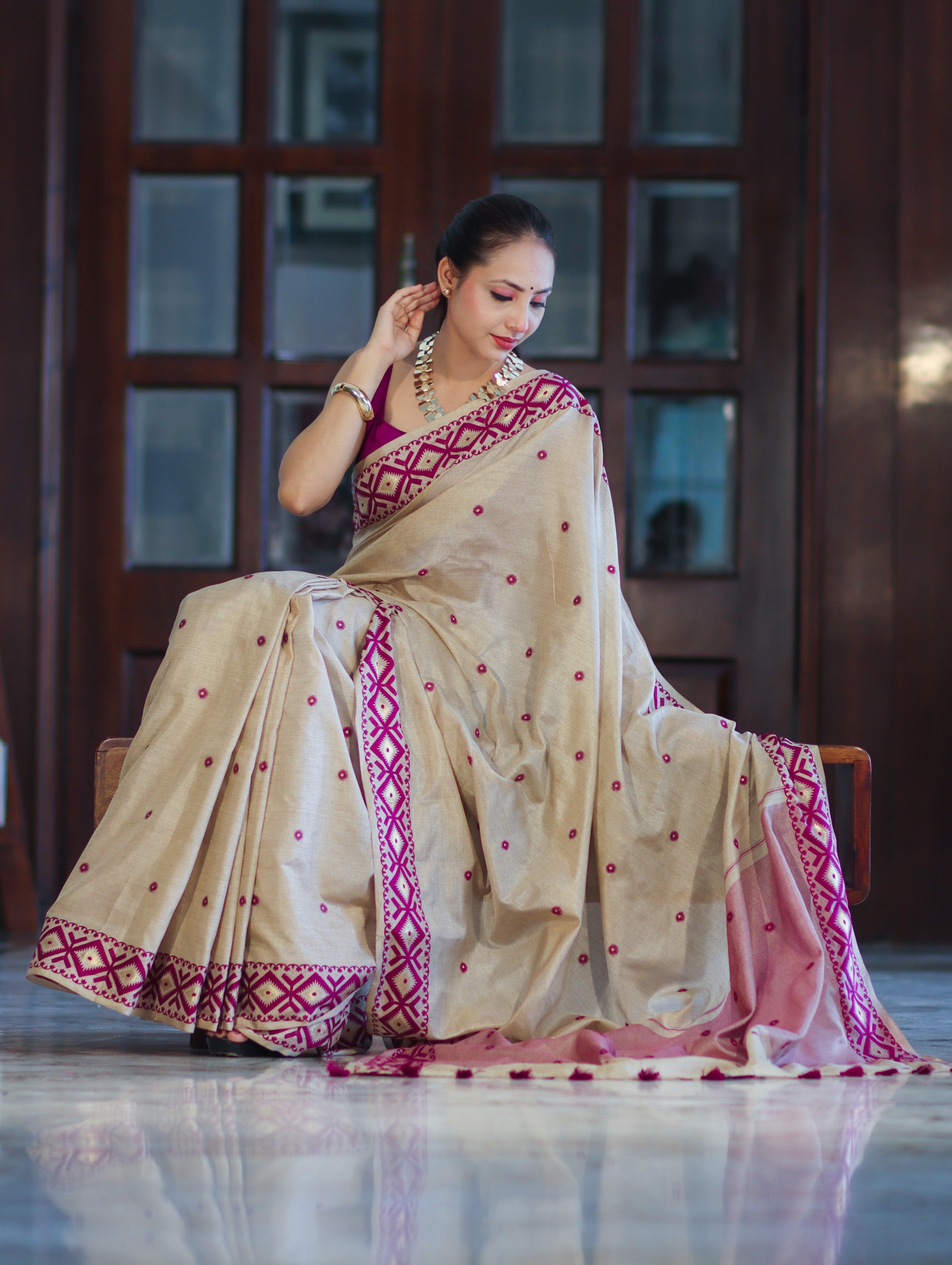 Banarasee Handwoven Semi-Tussar Saree With Resham Work & Geometric Border-Beige & Magenta