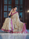 Banarasee Handwoven Semi-Tussar Saree With Resham Work & Geometric Border-Beige & Magenta