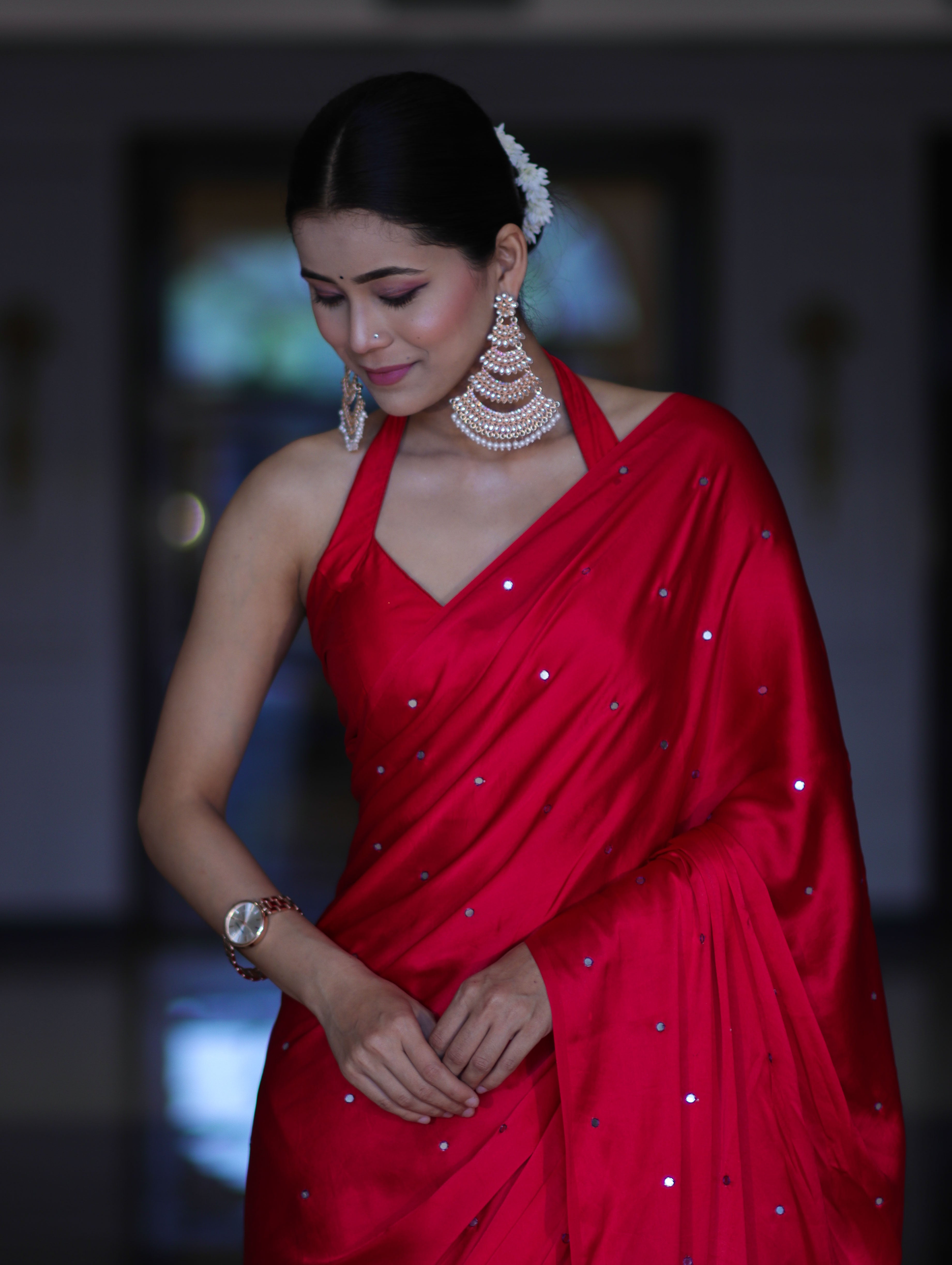 Banarasee Handloom Satin Hand Dyed Saree With Mirror Work-Red & Violet