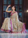Banarasee Handwoven Semi-Tussar Saree With Resham Work & Geometric Border-Beige & Magenta