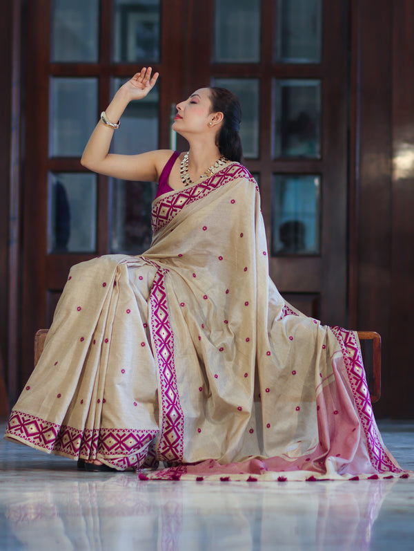 Banarasee Handwoven Semi-Tussar Saree With Resham Work & Geometric Border-Beige & Magenta