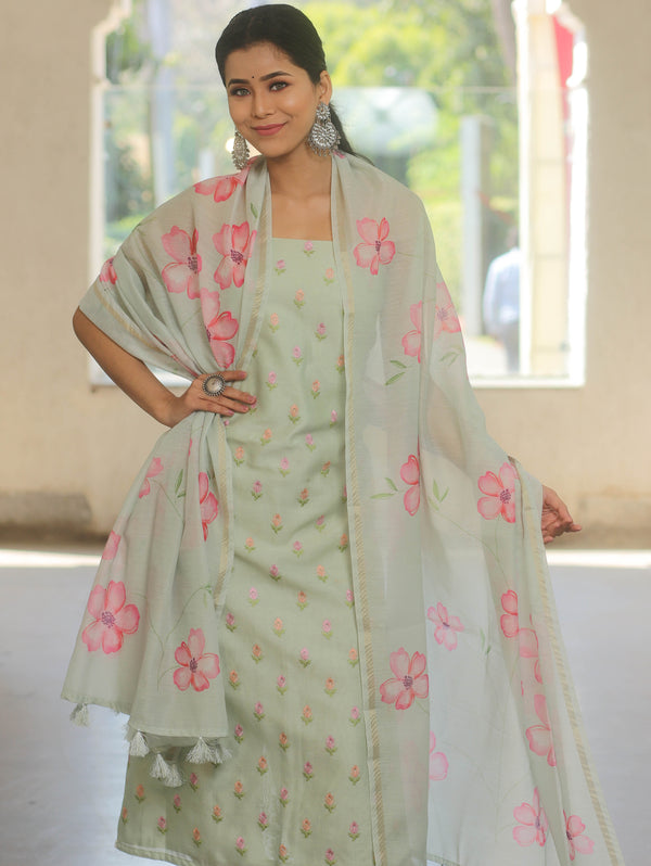 Banarasee Chanderi Silk Embroidery Buti Salwar Kameez Fabric With Digital Print Dupatta Set-Green