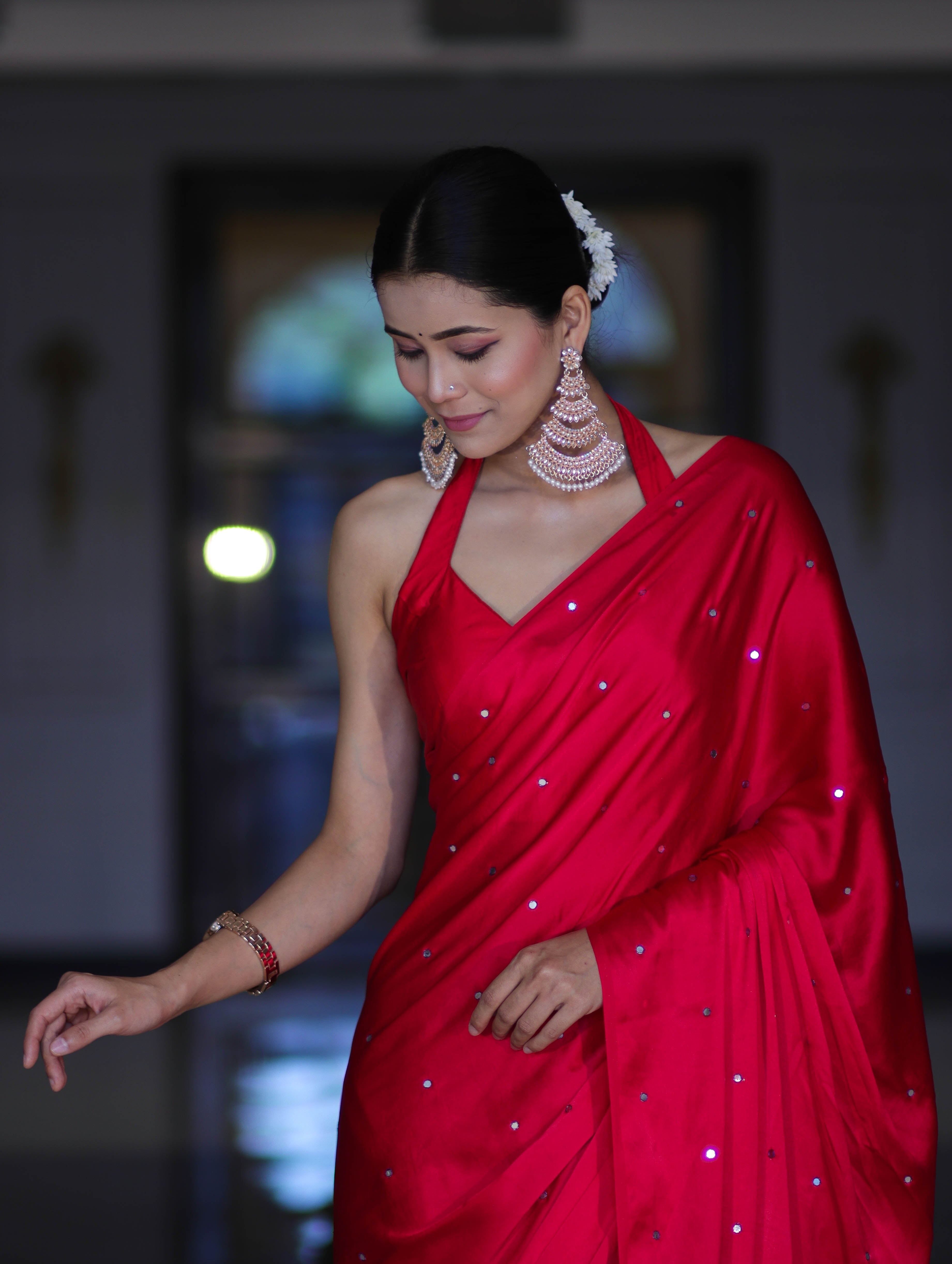 Banarasee Handloom Satin Hand Dyed Saree With Mirror Work-Red & Violet