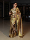 Banarasee Handloom Tissue Saree With Silver Jaal Design Tanchoi Border & Lace-Golden Yellow