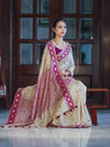 Banarasee Handwoven Semi-Tussar Saree With Resham Work & Geometric Border-Beige & Magenta