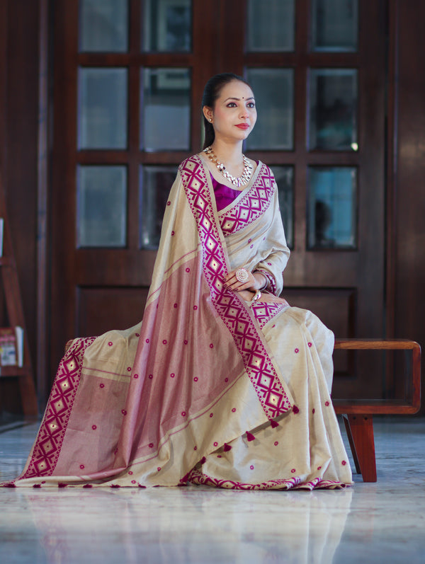 Banarasee Handwoven Semi-Tussar Saree With Resham Work & Geometric Border-Beige & Magenta