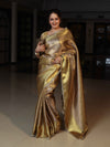 Banarasee Handloom Tissue Saree With Silver Jaal Design Tanchoi Border & Lace-Golden Yellow
