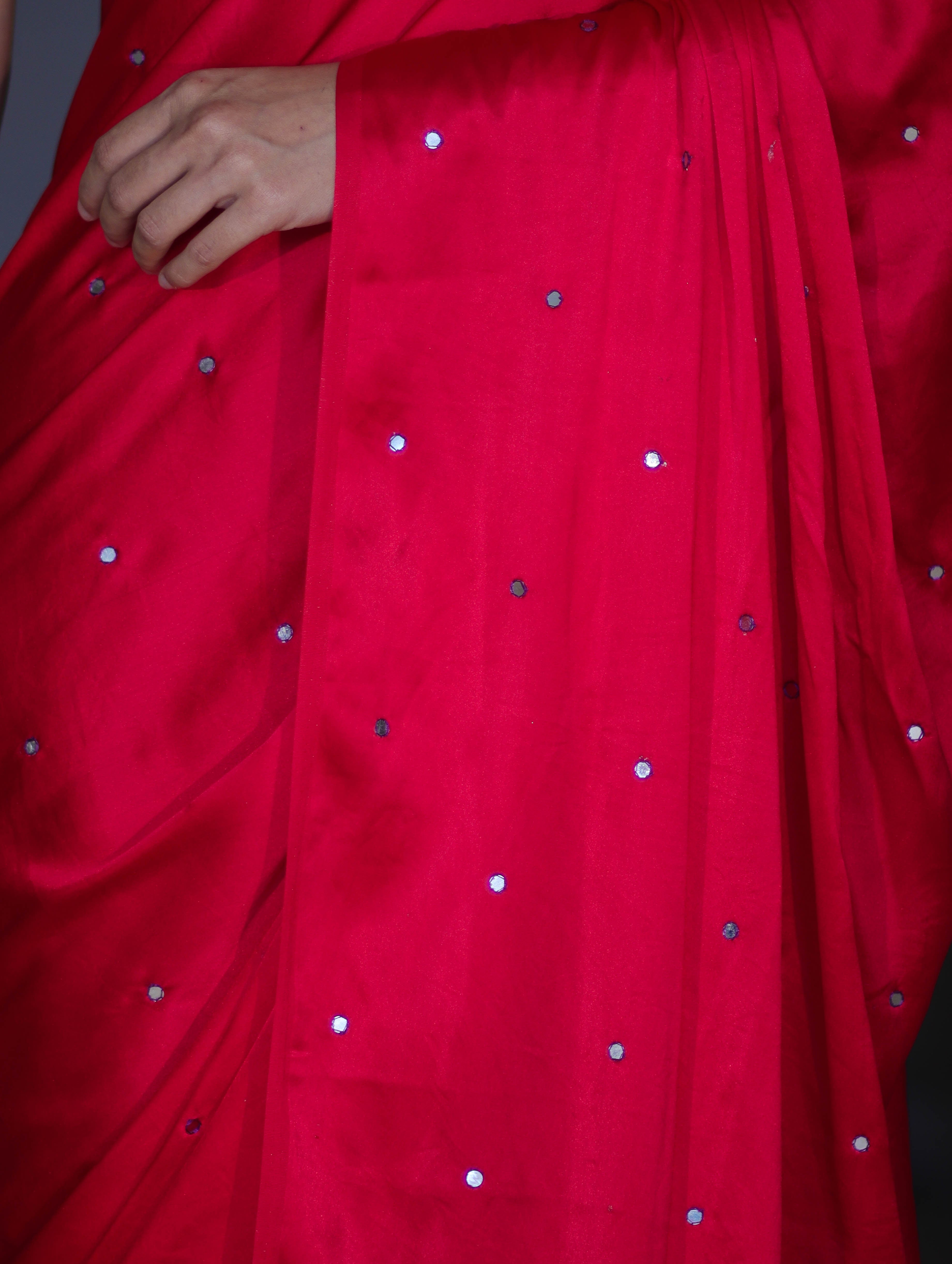 Banarasee Handloom Satin Hand Dyed Saree With Mirror Work-Red & Violet