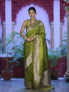 Banarasee Handwoven Plain Semi Katan Saree With Broad Zari Border-Lime Green