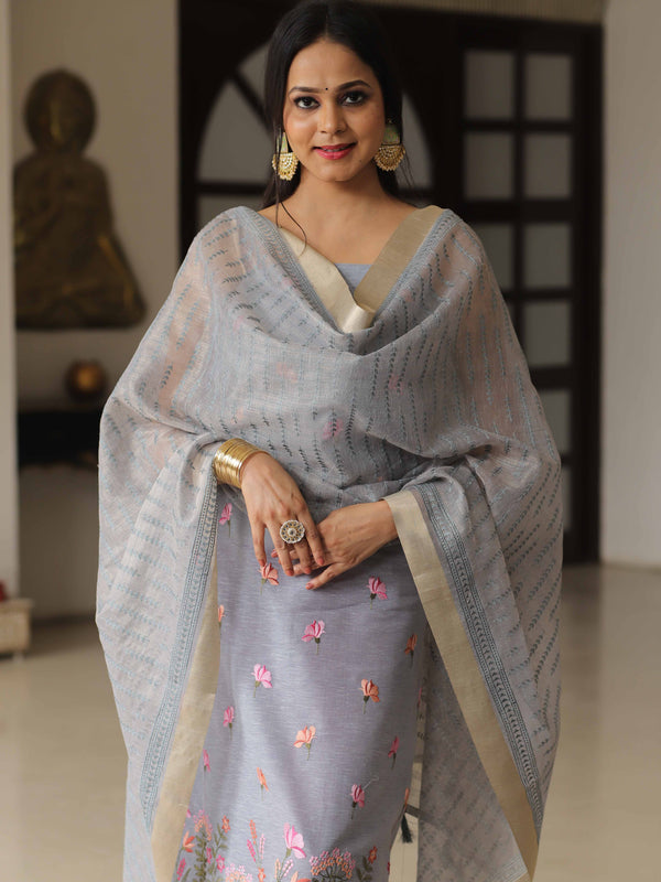Banarasee Embroidered Linen Cotton Salwar Kameez With Dupatta-Grey