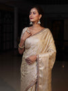 Banarasee Handwoven Semi Silk Saree With Zari Jaal Design & Lace-Beige