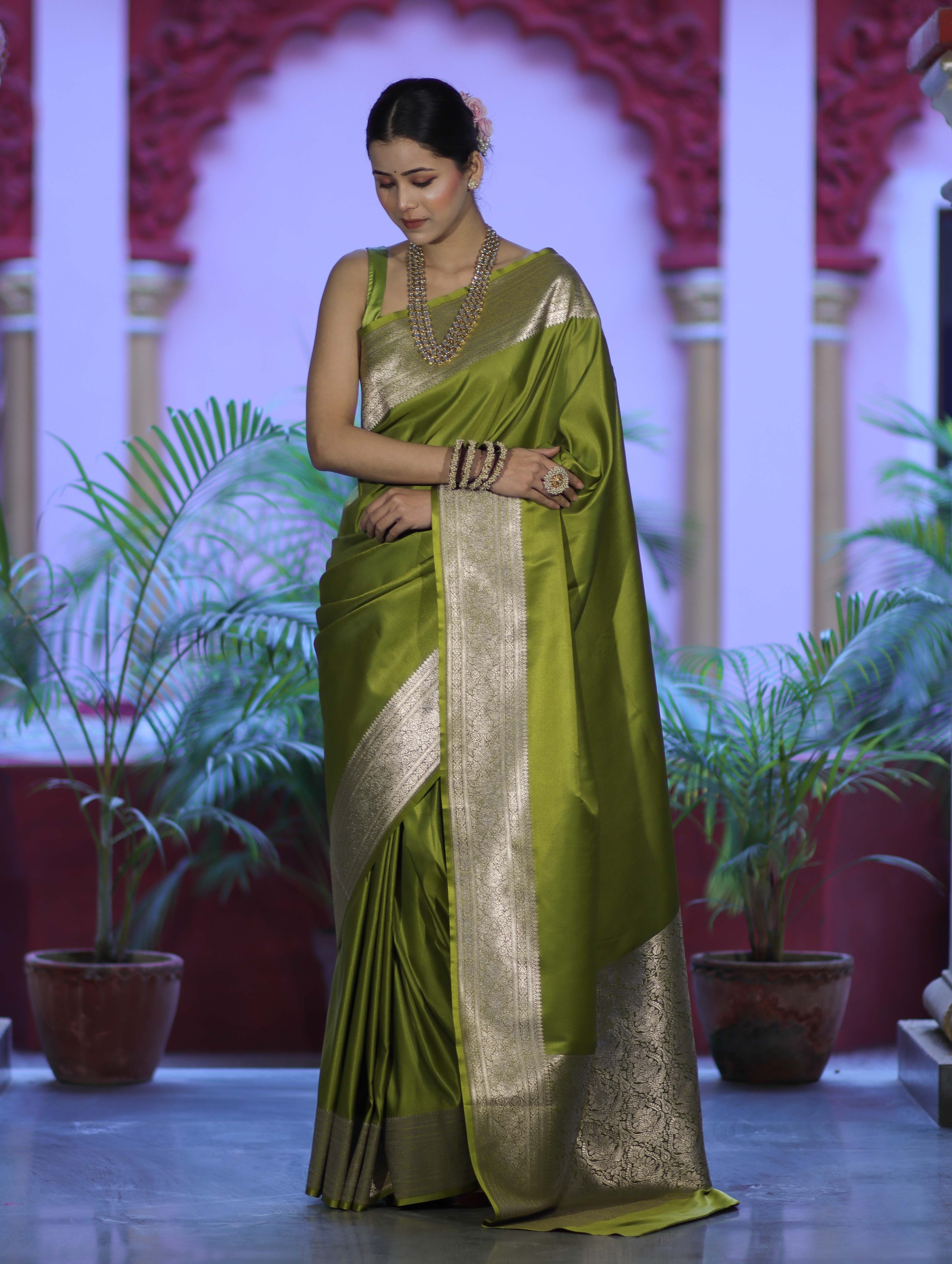 Banarasee Handwoven Plain Semi Katan Saree With Broad Zari Border-Lime Green