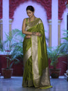 Banarasee Handwoven Plain Semi Katan Saree With Broad Zari Border-Lime Green