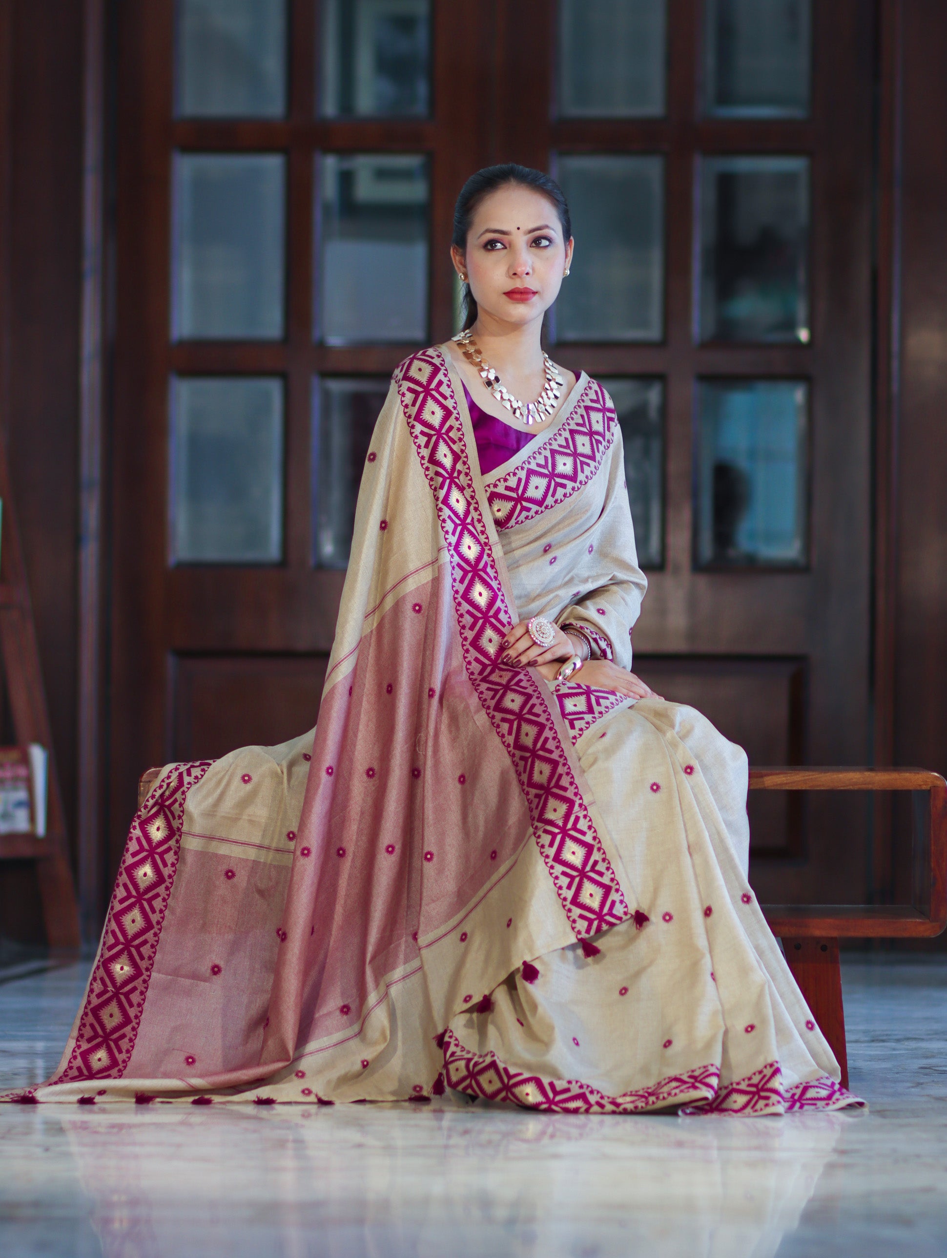 Banarasee Handwoven Semi-Tussar Saree With Resham Work & Geometric Border-Beige & Magenta