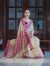Banarasee Handwoven Semi-Tussar Saree With Resham Work & Geometric Border-Beige & Magenta