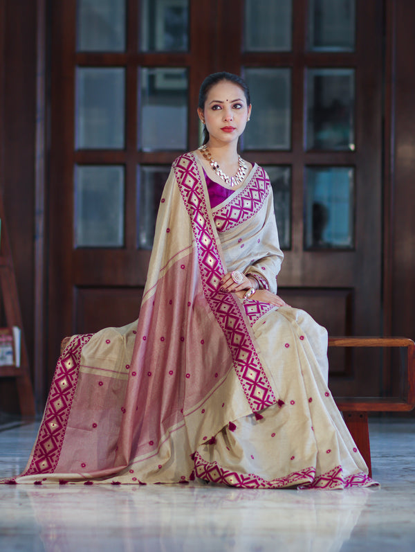 Banarasee Handwoven Semi-Tussar Saree With Resham Work & Geometric Border-Beige & Magenta
