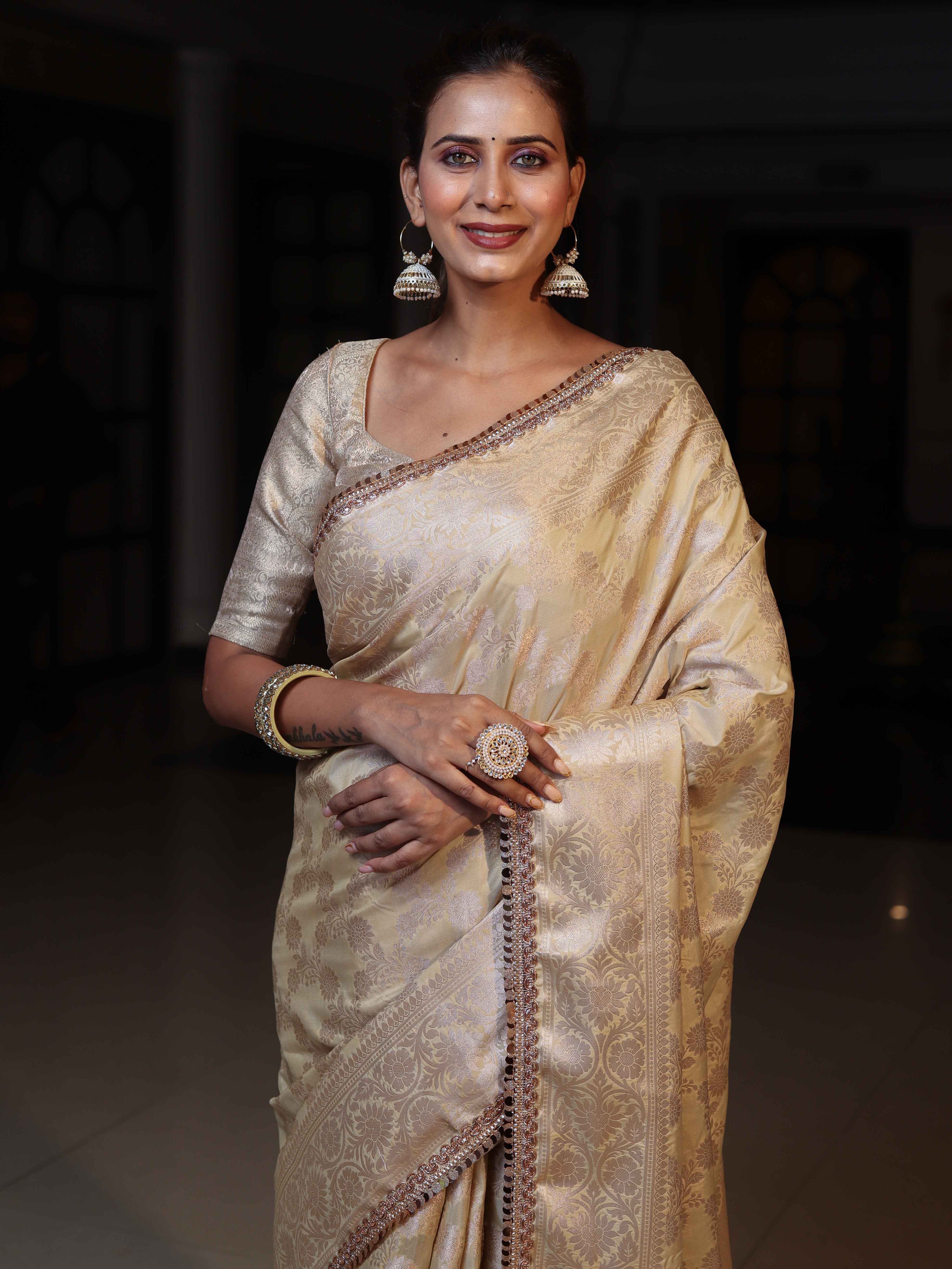 Banarasee Handwoven Semi Silk Saree With Zari Jaal Design & Lace-Beige