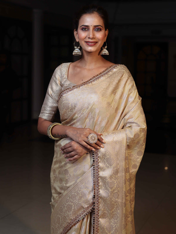 Banarasee Handwoven Semi Silk Saree With Zari Jaal Design & Lace-Beige