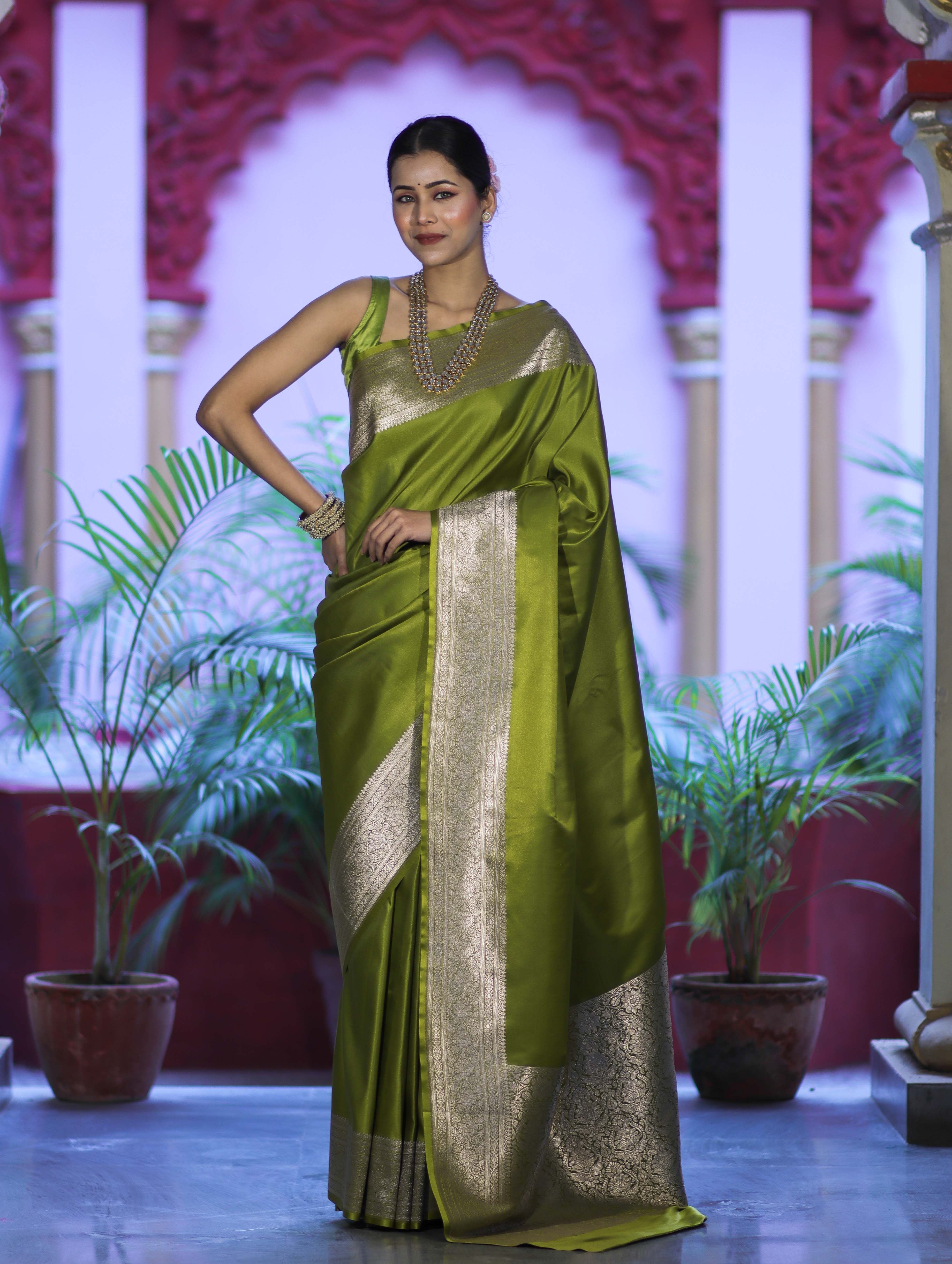 Banarasee Handwoven Plain Semi Katan Saree With Broad Zari Border-Lime Green