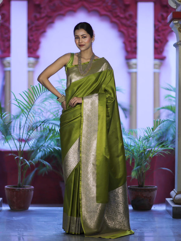 Banarasee Handwoven Plain Semi Katan Saree With Broad Zari Border-Lime Green