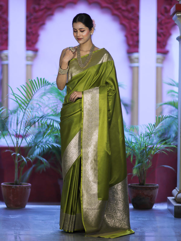 Banarasee Handwoven Plain Semi Katan Saree With Broad Zari Border-Lime Green