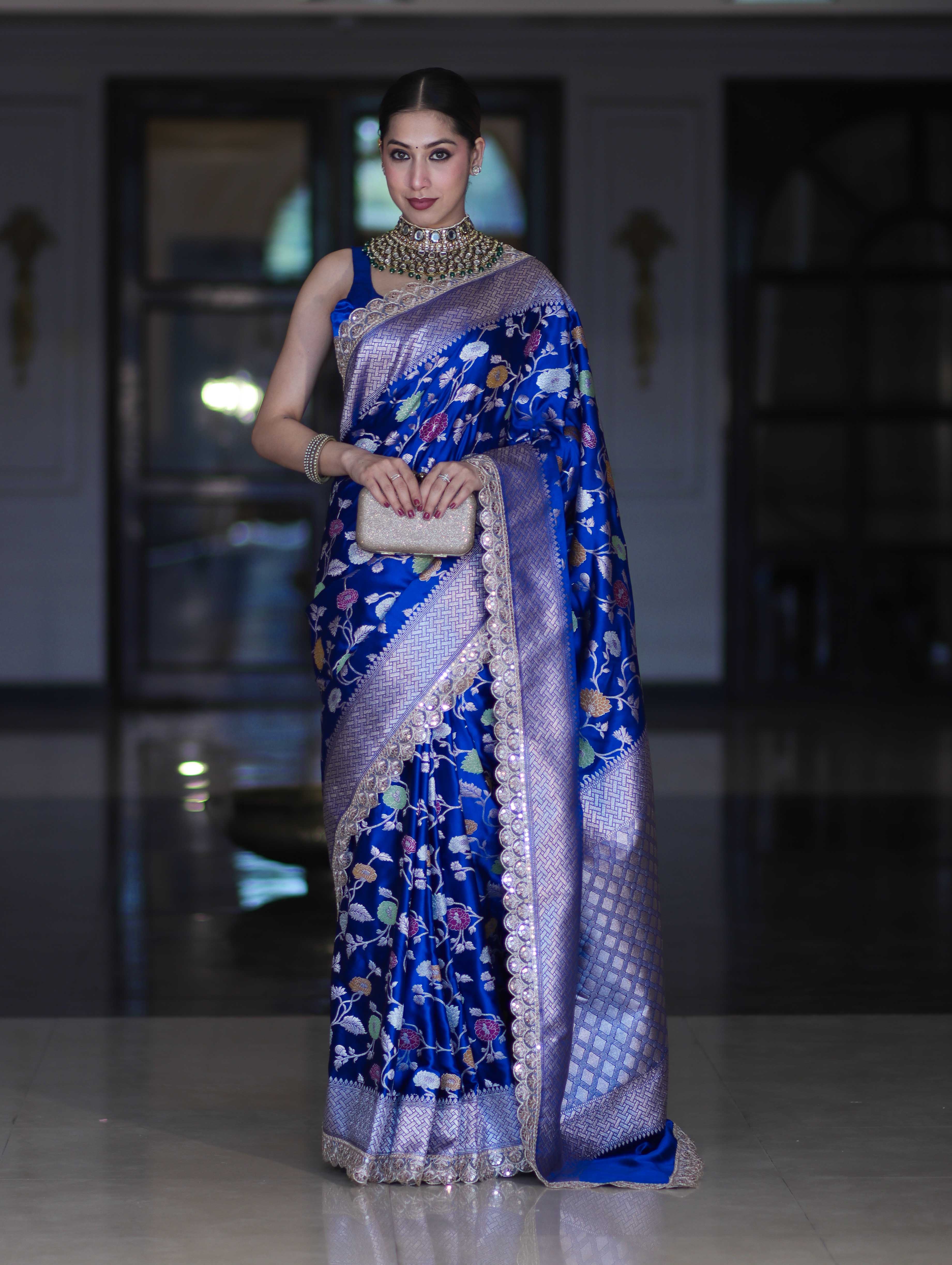 Banarasee Handloom Mashru Silk Saree With Jaal Design & Lace Border-Deep Blue