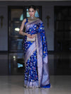Banarasee Handloom Mashru Silk Saree With Jaal Design & Lace Border-Deep Blue